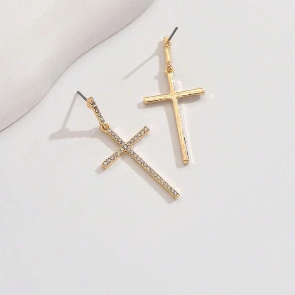 Elegant Gold Cross Earrings, Rhinestone Cross Earrings